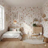 Mushroom-themed wallpaper with a forager pattern, featuring a white background and scattered fungal illustrations.
