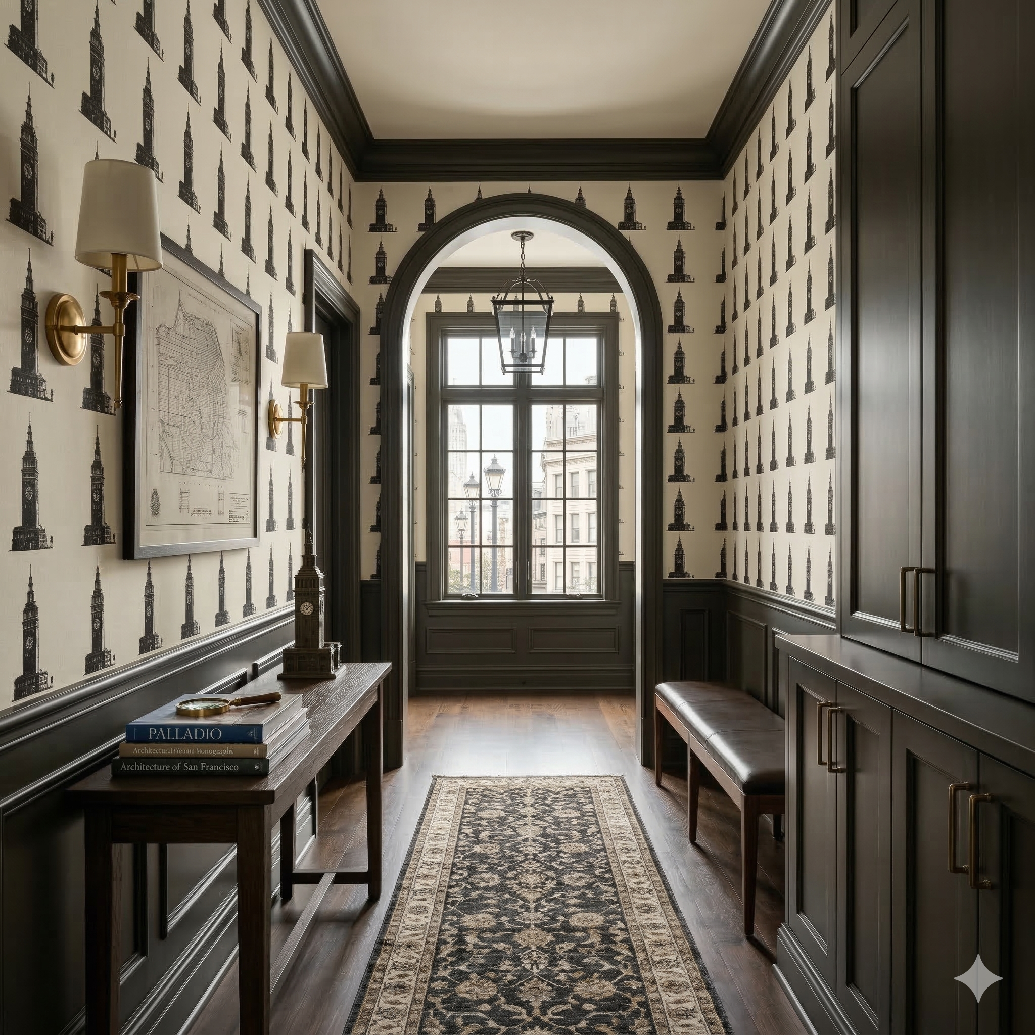 Patterned wallpaper with clock tower motif by York Wallcoverings, covering a hallway wall.