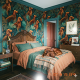 Setter’s Grove wallpaper with dog and fern pattern.
