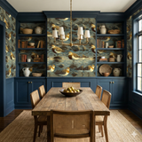 Tidepool Scatter wallpaper with bird pattern covering the wall in a dining room.