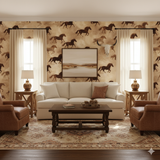 Wild Sage Run wallpaper featuring a horse pattern on a tan background.
