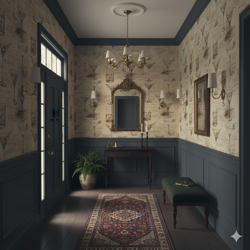 The Cartographer’s Bar wallpaper with cocktail glass pattern, on the wall of an entry hall with a dark wood floor.
