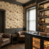 Beige novelty wallpaper with whiskey glass pattern and vintage handwriting script by Brewster Home Fashions.
