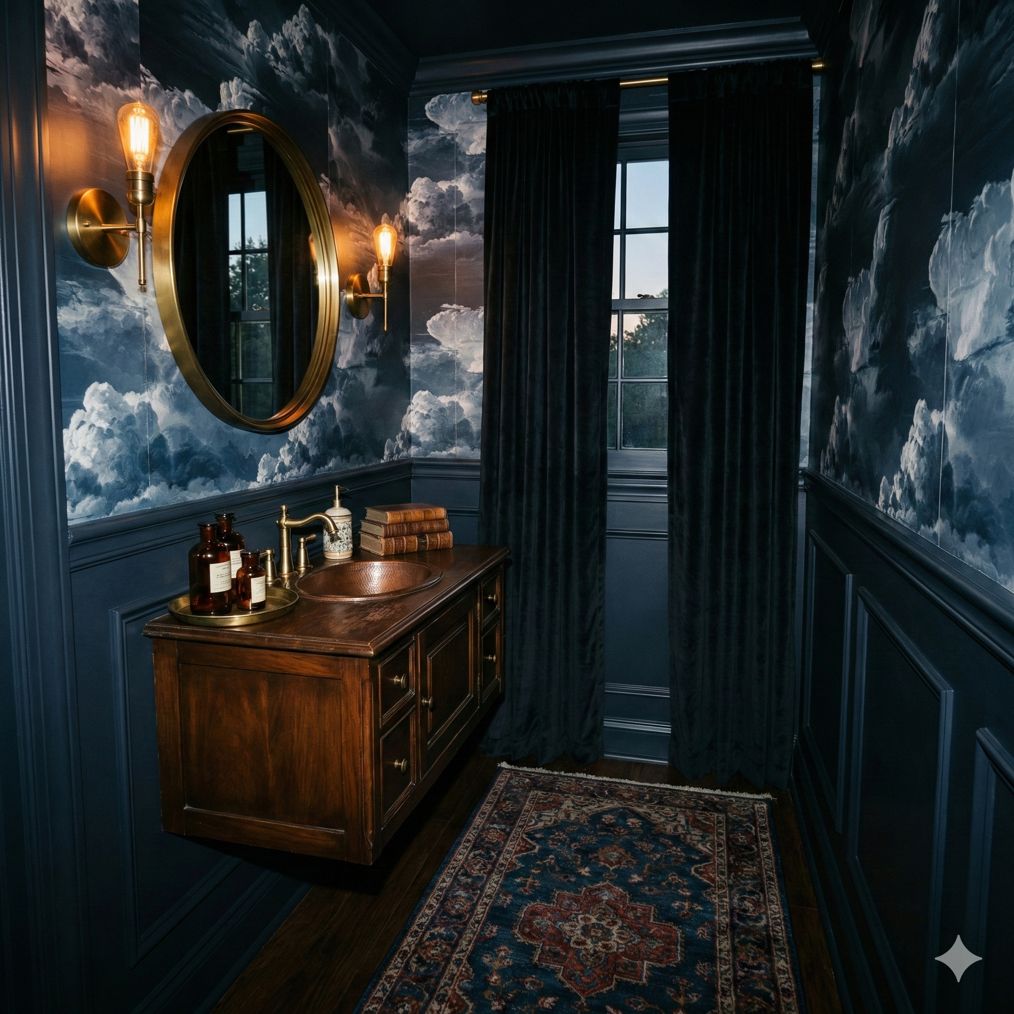 Cloudy wallpaper, Nocturne Cumulus Wallpaper, with stormy sky pattern, complementing brass sconces and vanity.