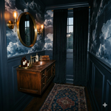 Cloudy wallpaper, Nocturne Cumulus Wallpaper, with stormy sky pattern, complementing brass sconces and vanity.