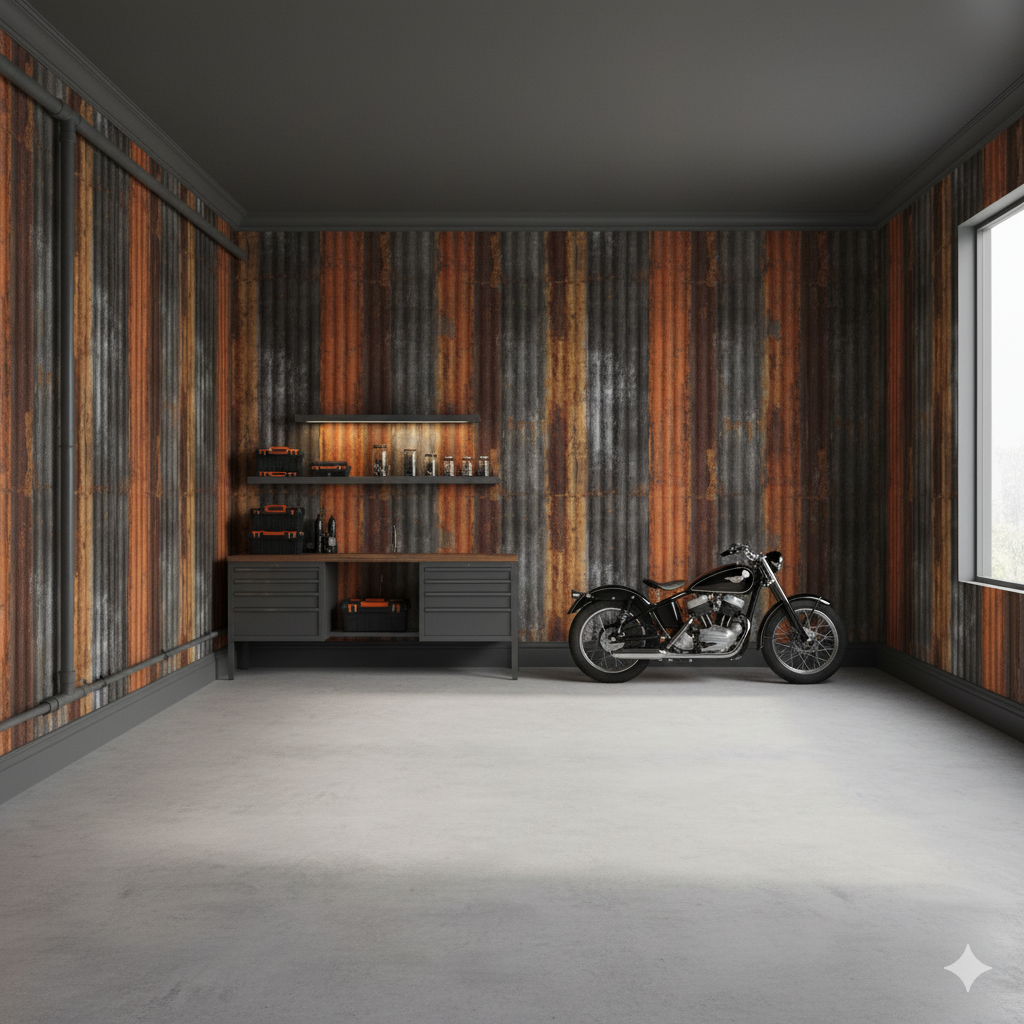 Orange and silver Ironvale Wallpaper with corrugated metal effect.