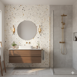 Grain wallpaper with a speckled pattern, Lido Grain Wallpaper, featuring beige, brown, and black flecks, covering the bathroom wall behind a vanity.