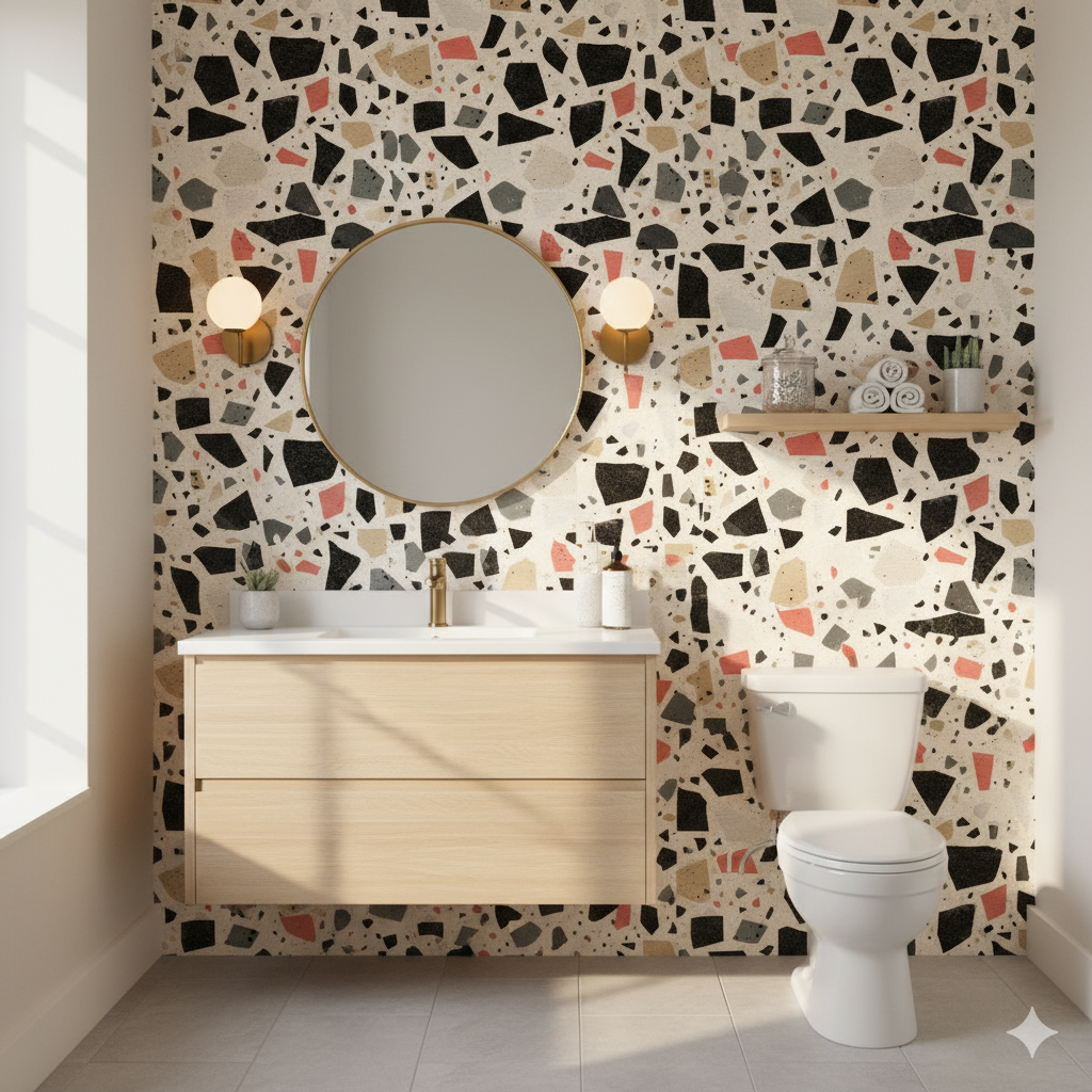 Red Rock Terrazzo Wallpaper featuring colorful geometric patterns throughout.
