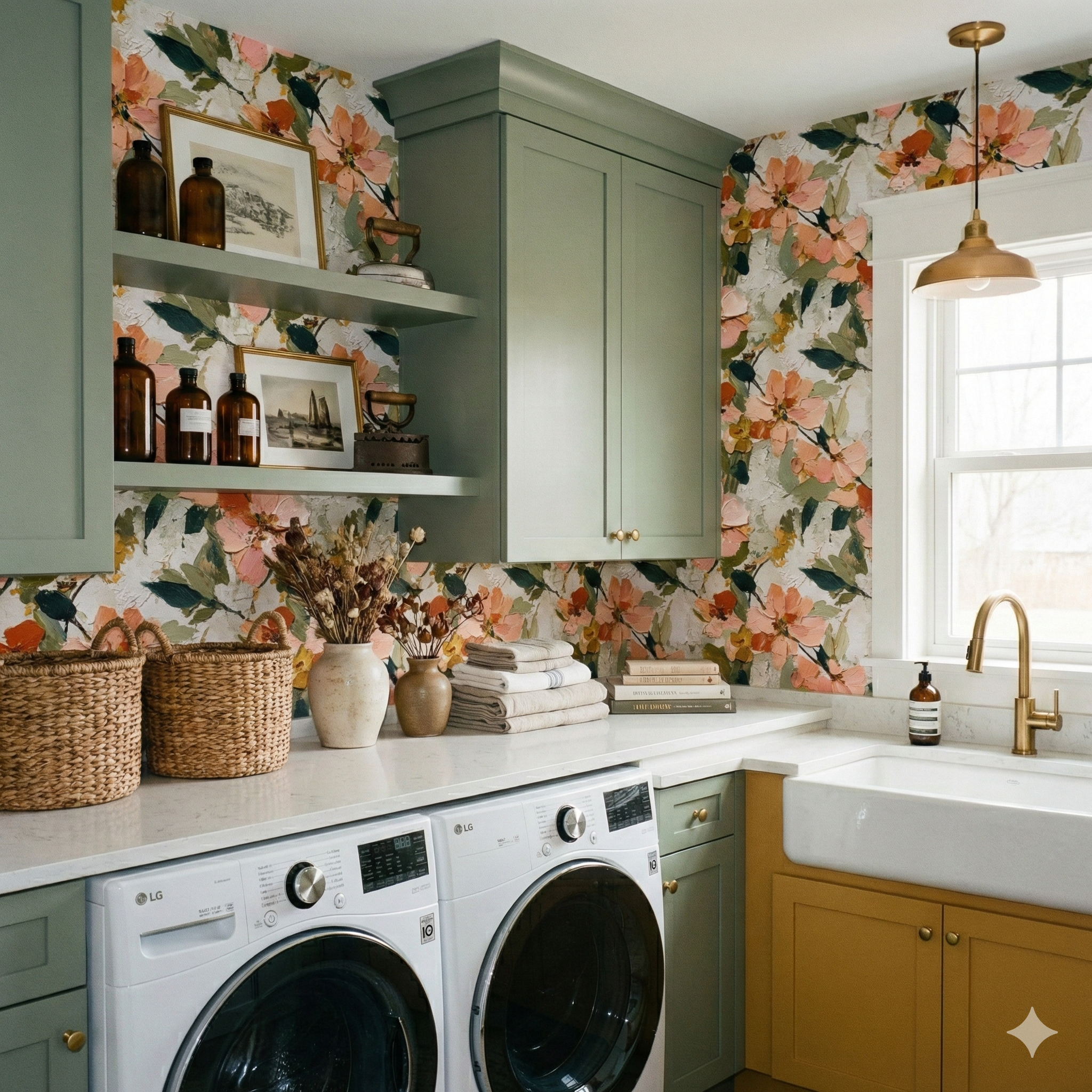 Floral wallpaper from Wallshoppe featuring a colorful garden oil sketch pattern in a laundry room setting.
