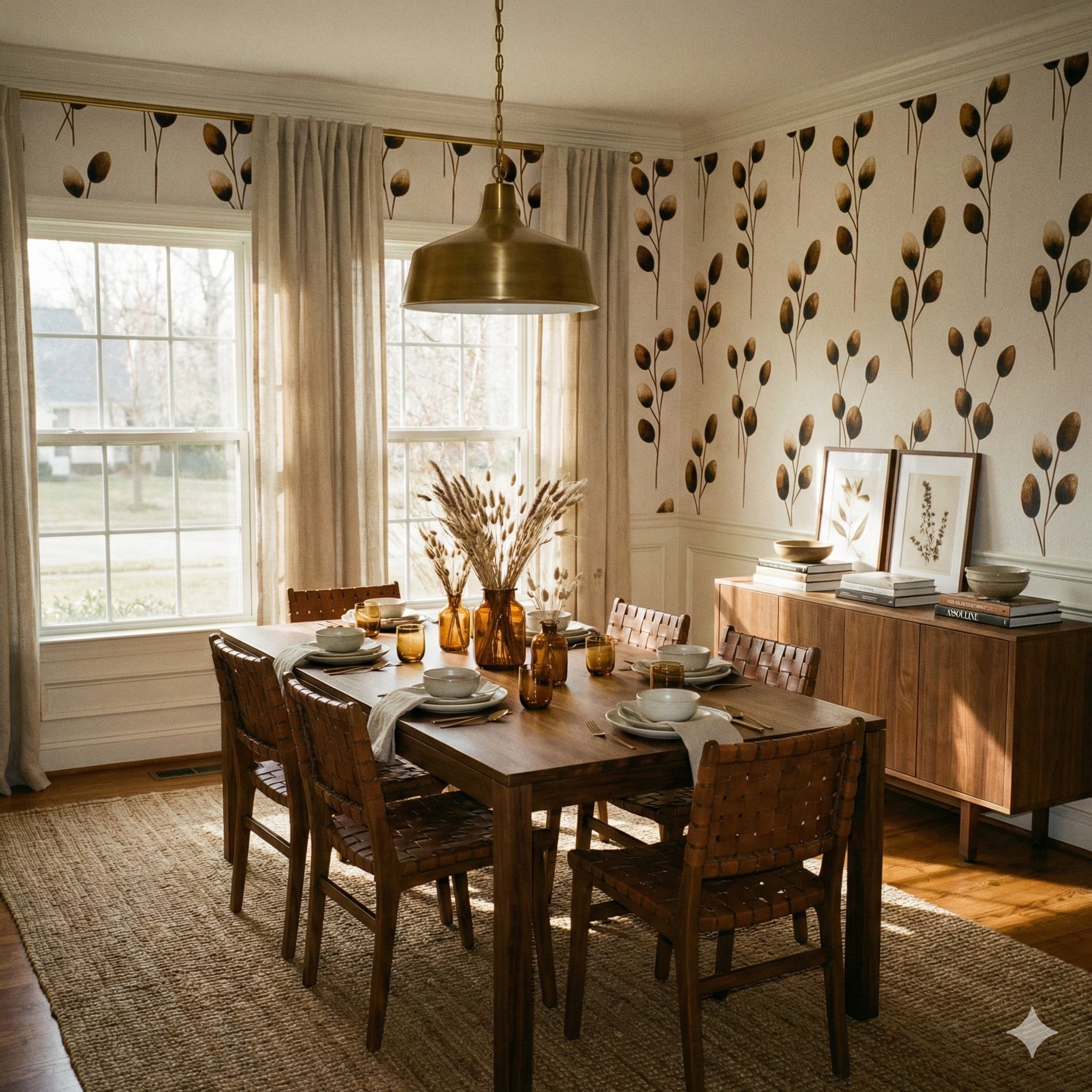 Fieldscript wallpaper with a botanical pattern, visible behind a dining table, with a large window and console table in view.