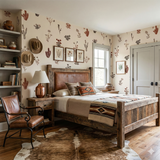 Botanical pattern wallpaper with floral and cactus designs, no brand attribution, in a bedroom setting.
