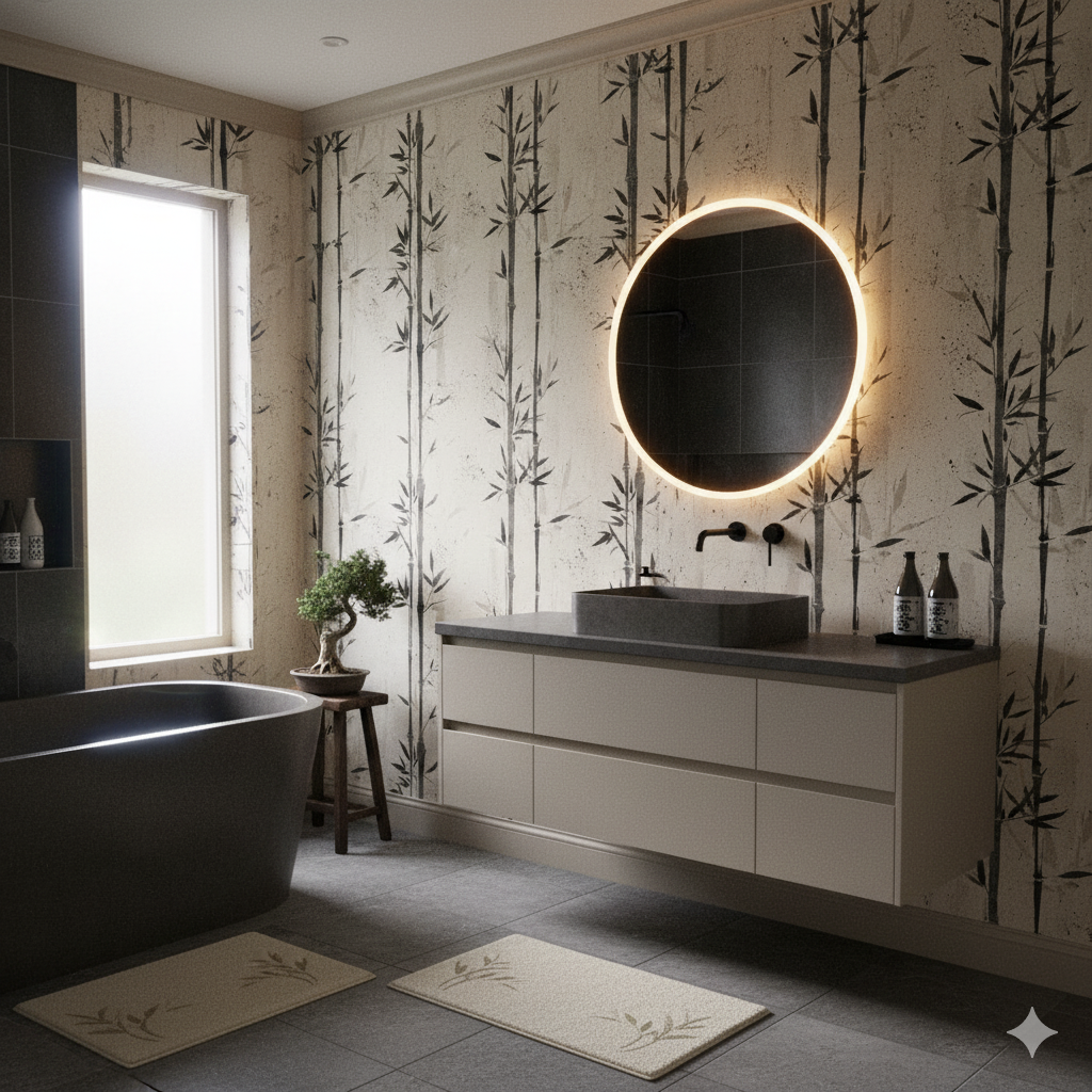 Bamboo print wallpaper from Brewster Home Fashions, featuring a light background with dark bamboo stalk pattern.