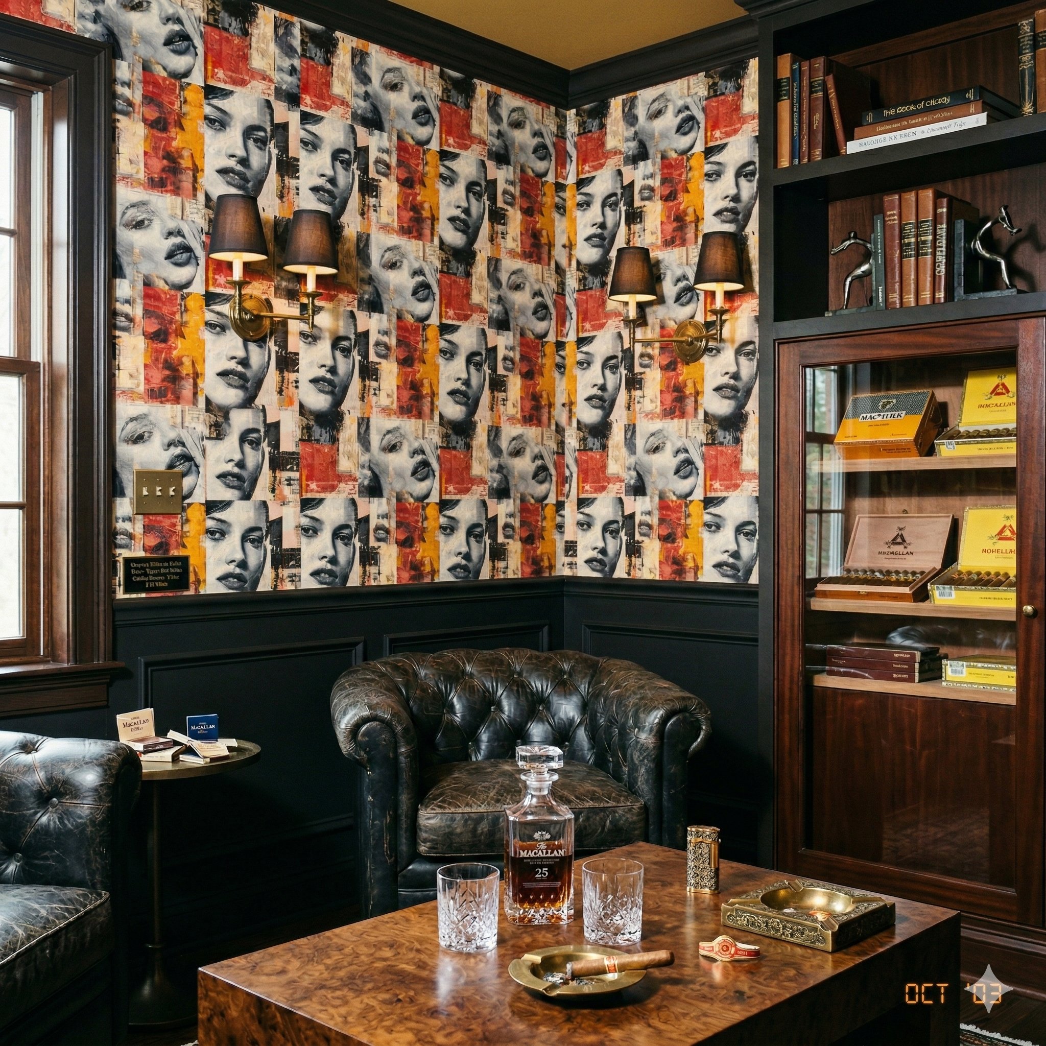 Artistic Vérité Assemblage Wallpaper with repeating collage portrait pattern, in a luxurious gentleman's study.
