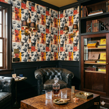Artistic Vérité Assemblage Wallpaper with repeating collage portrait pattern, in a luxurious gentleman's study.
