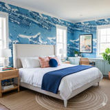 Intracoastal Blueprint Wallpaper with a nautical scene in shades of blue.