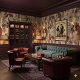 Rue Saint-Claire Wallpaper with vintage imagery, decorating a lounge with patterned rugs and antique furniture.