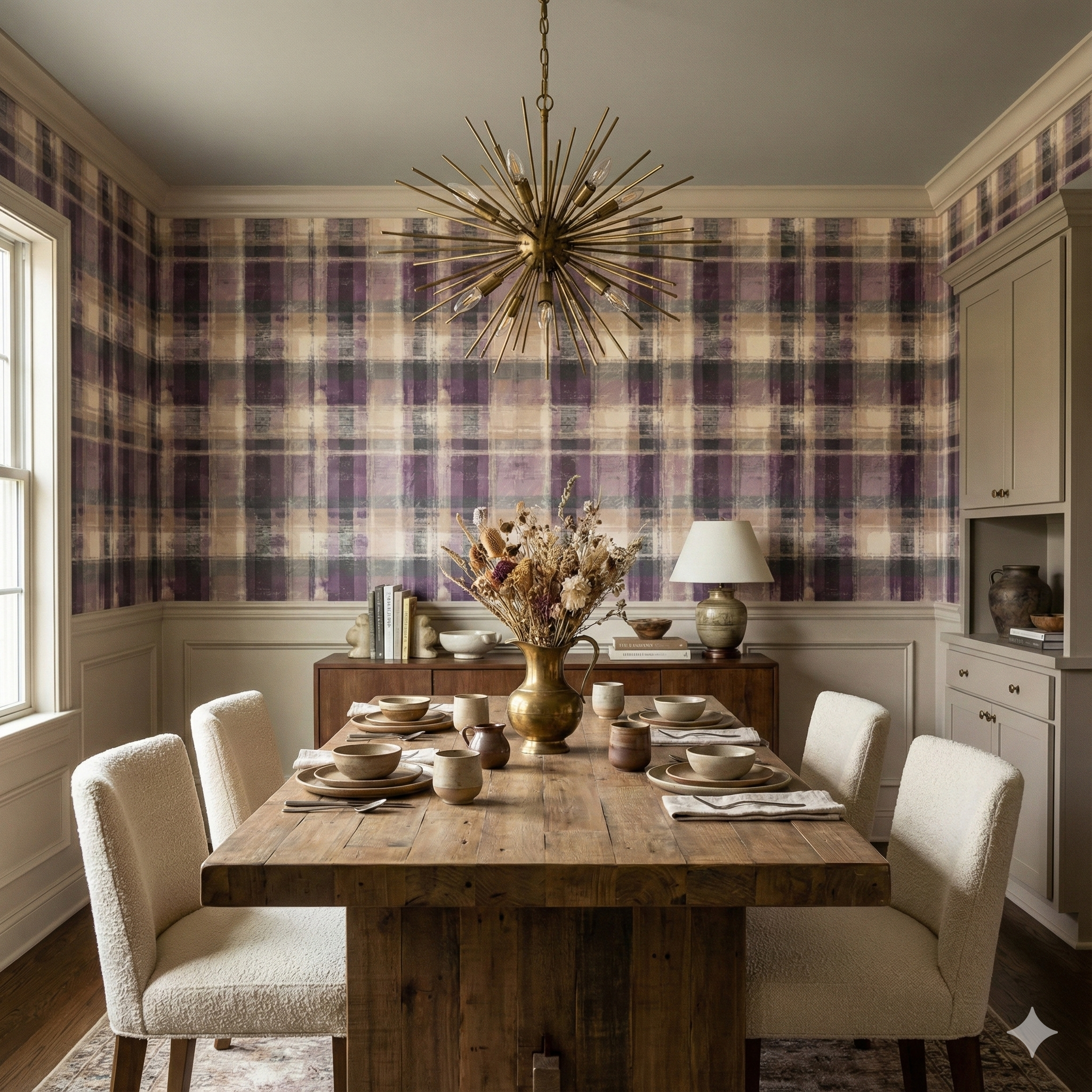 Mauve and tan plaid wallpaper with textured pattern, styled in a dining room.