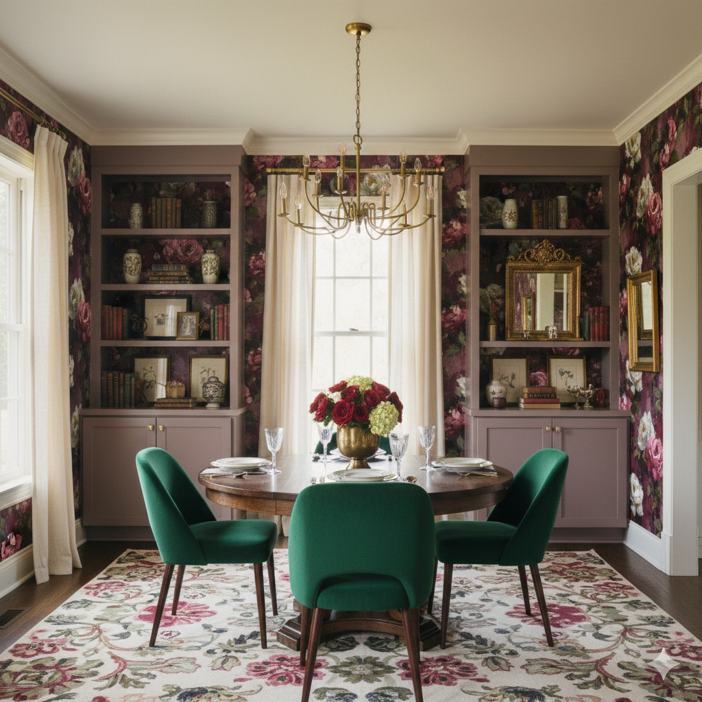 Floral patterned Rosava Marquette Wallpaper featuring large pink and white roses on a dark maroon background.
