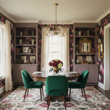 Floral patterned Rosava Marquette Wallpaper featuring large pink and white roses on a dark maroon background.
