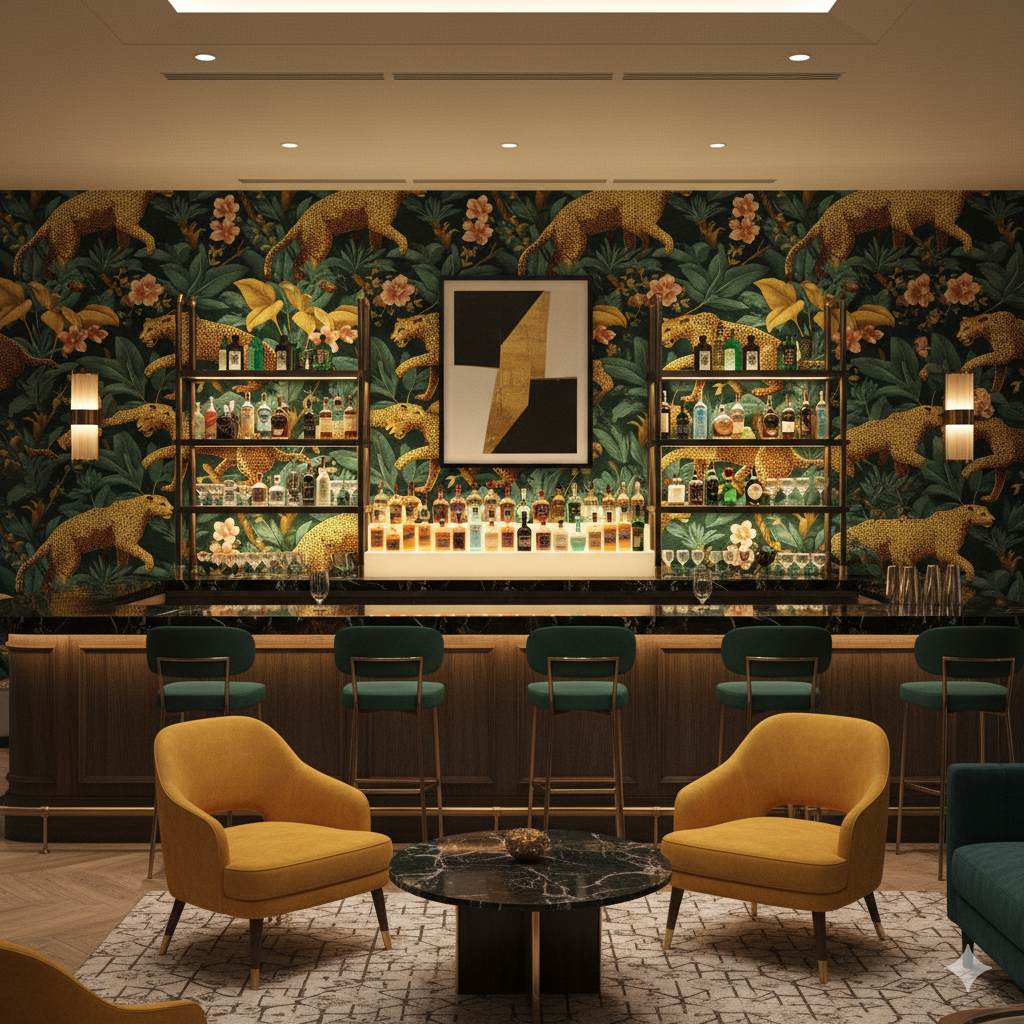 Patterned wallpaper with jungle and panthera design, featuring green and gold elements.
