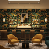 Patterned wallpaper with jungle and panthera design, featuring green and gold elements.
