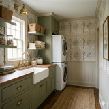 Botanical print wallpaper in beige and taupe with blue accents, featuring a subtle leaf pattern.