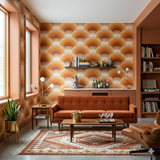 Retro style patterned wallpaper with overlapping orange and brown arches.
