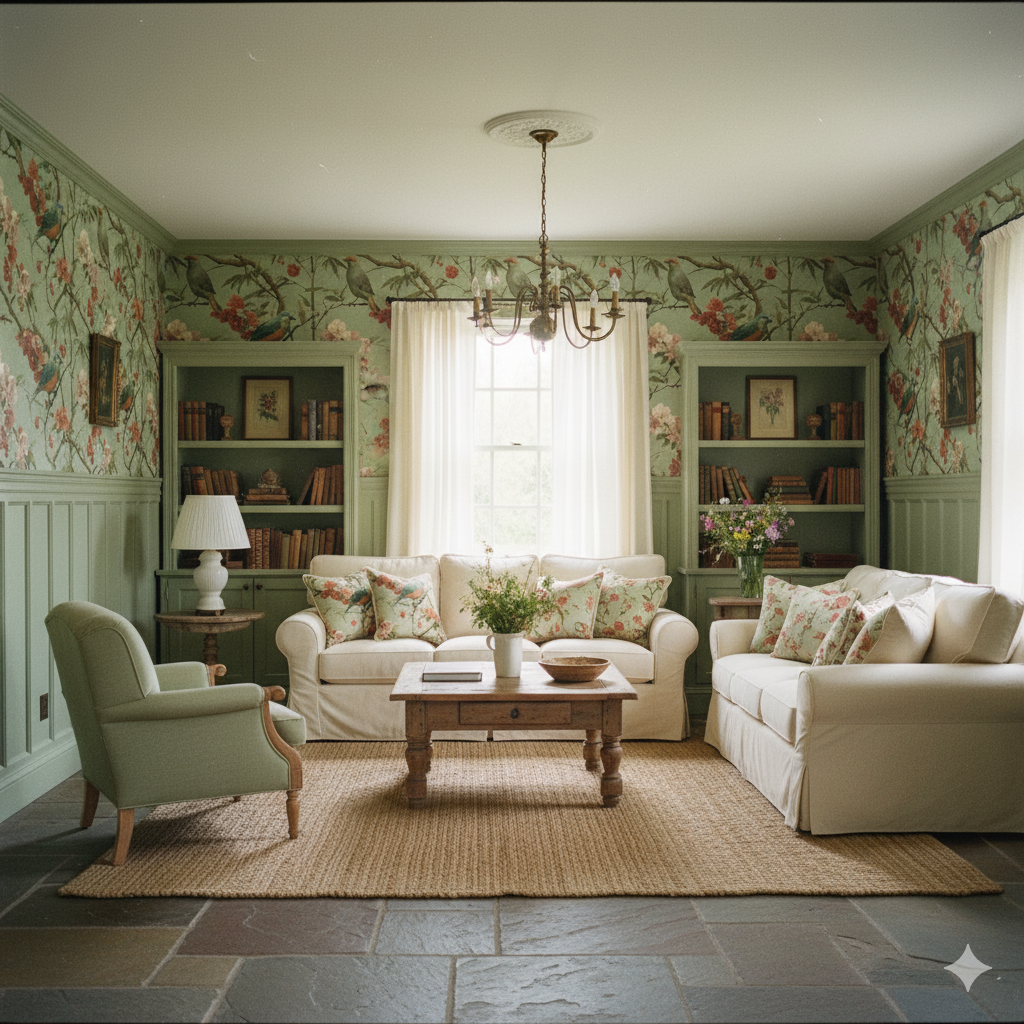 Green floral and bird wallpaper with bookshelf details, painted green wainscotting and white curtains.
