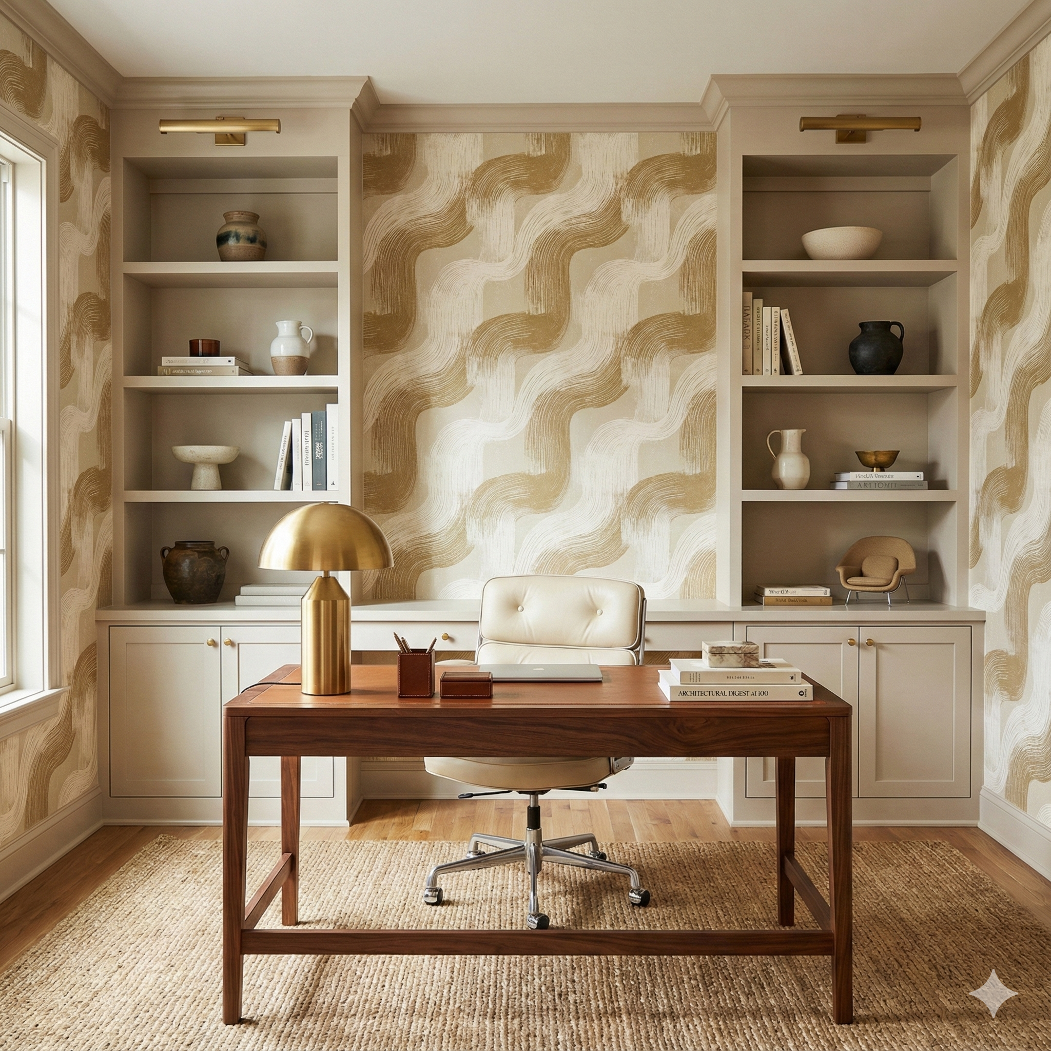 Golden patterned wallpaper with abstract brushstrokes, complemented by built-in shelving and a wooden desk.
