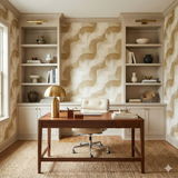 Golden patterned wallpaper with abstract brushstrokes, complemented by built-in shelving and a wooden desk.
