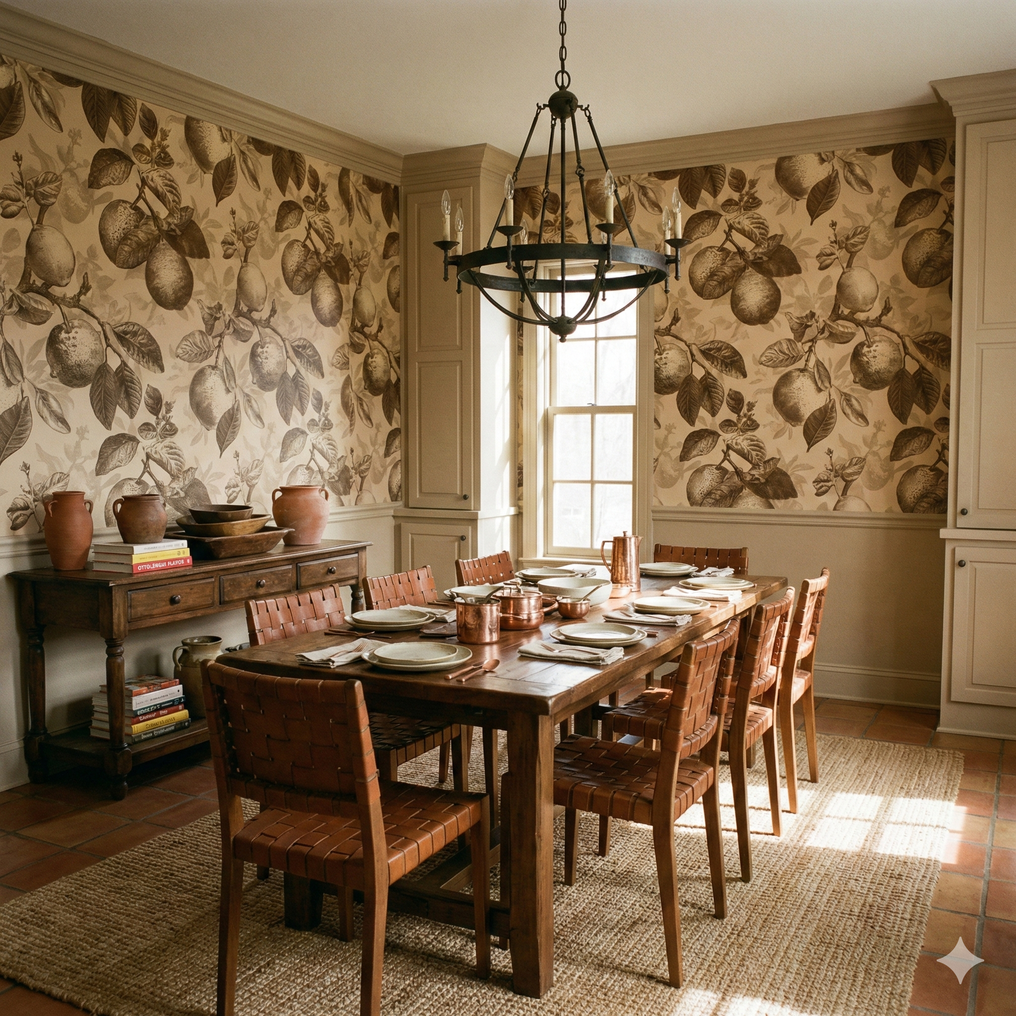 Citron Etch wallpaper with lemon tree pattern, in a dining room setting.