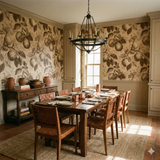 Citron Etch wallpaper with lemon tree pattern, in a dining room setting.