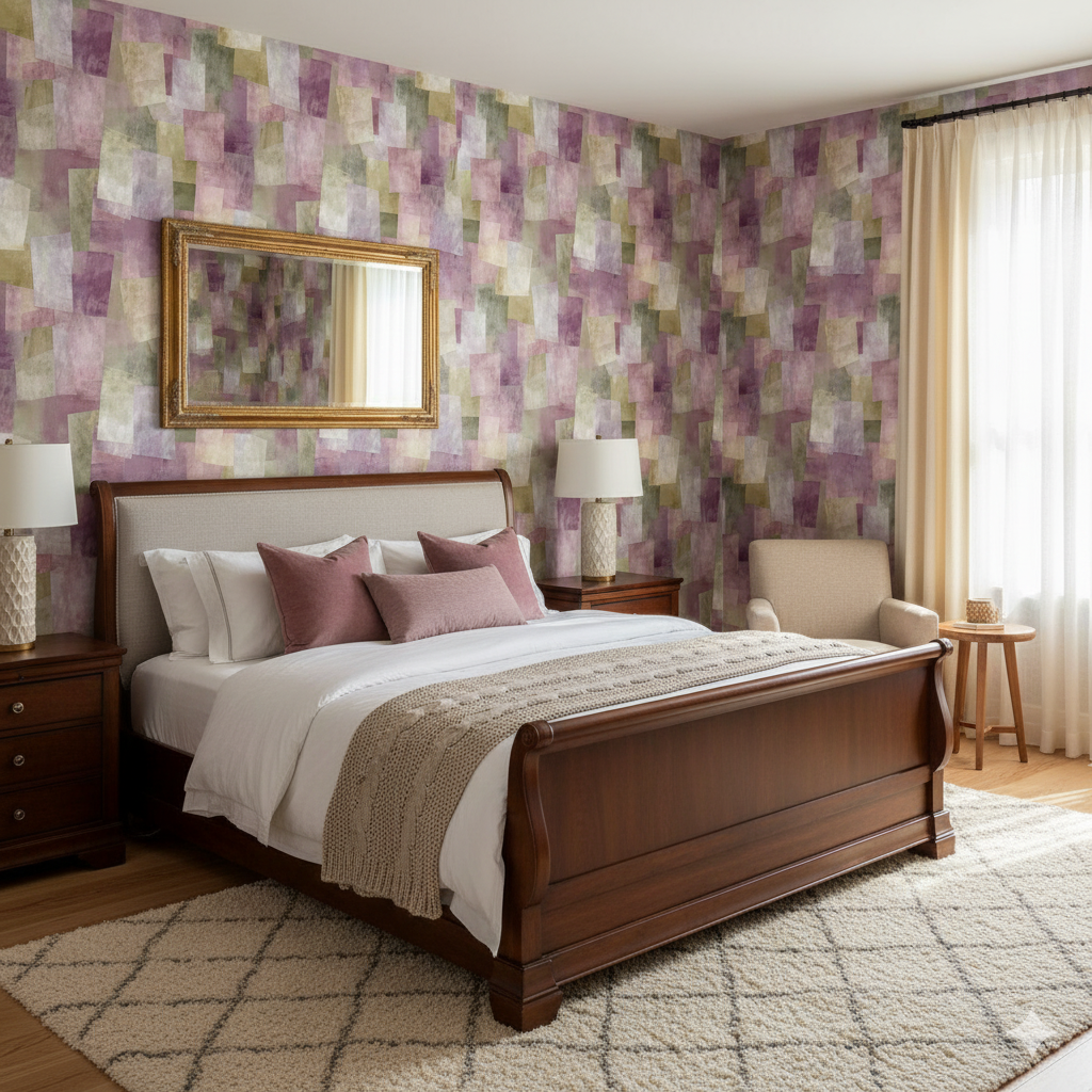 Amethyst Quarry wallpaper with a geometric patchwork pattern in shades of purple, green, and grey.