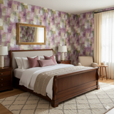 Amethyst Quarry wallpaper with a geometric patchwork pattern in shades of purple, green, and grey.