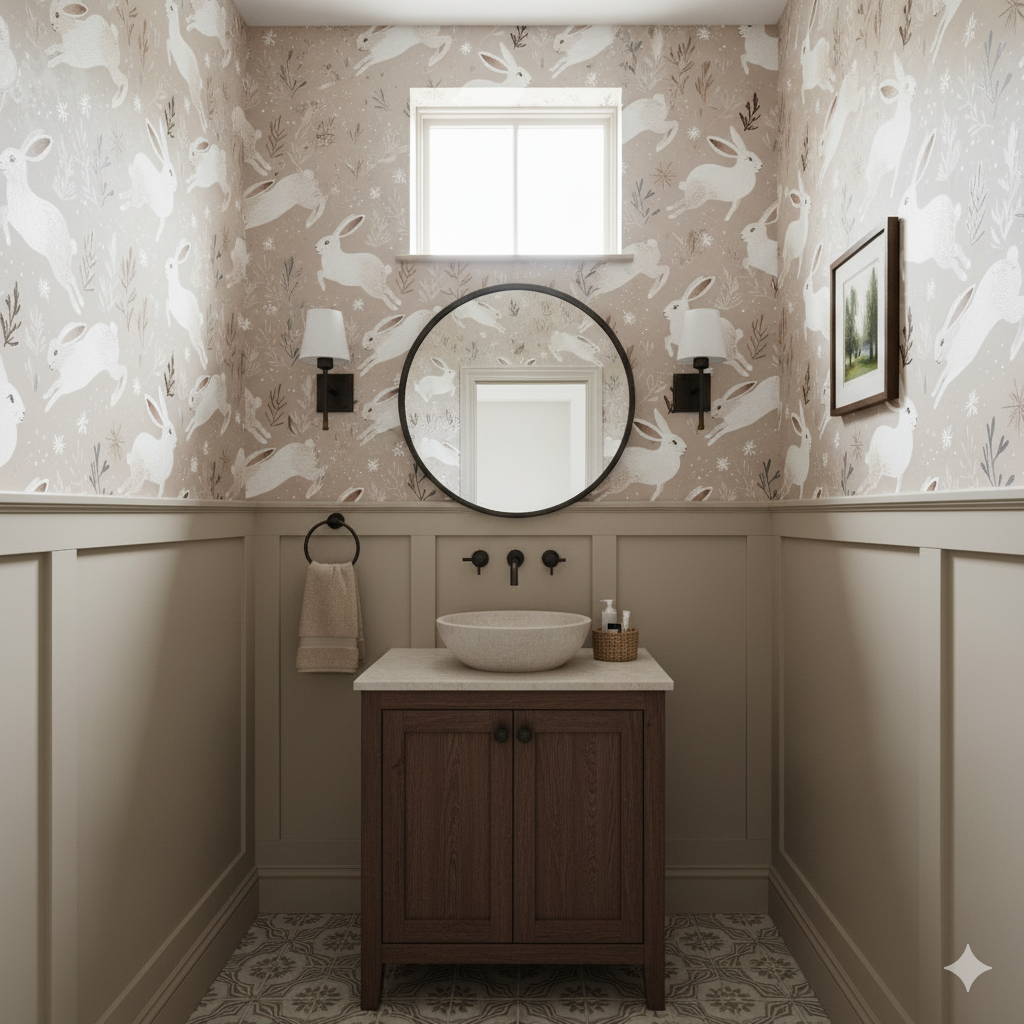 Willow & Thistle wallpaper featuring a bunny pattern, set in a powder room with wainscoting and tile floor.