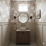 Willow & Thistle wallpaper featuring a bunny pattern, set in a powder room with wainscoting and tile floor.