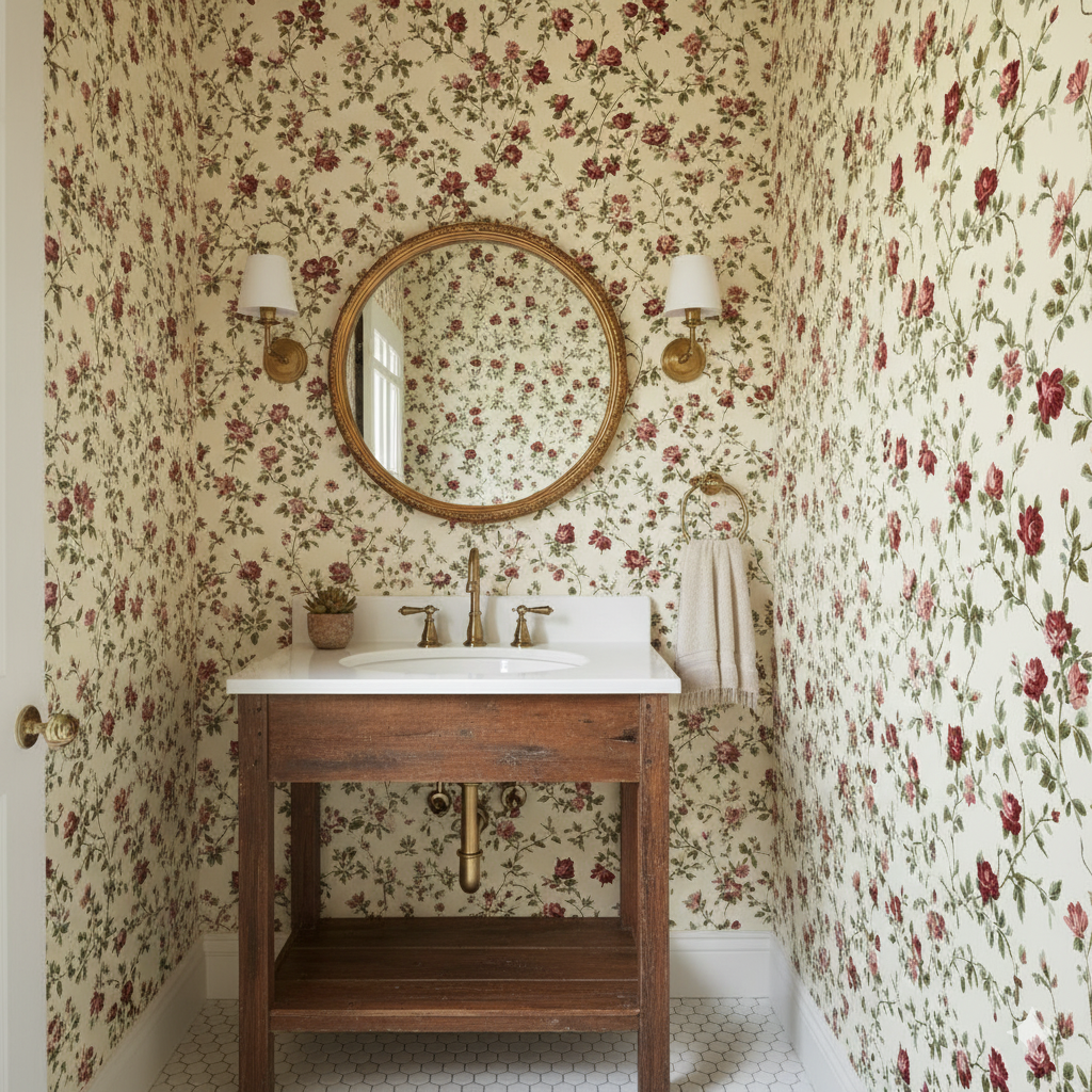 Rosecroft Vine Wallpaper with a floral pattern, covering the walls in a bathroom setting.
