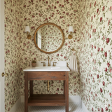 Rosecroft Vine Wallpaper with a floral pattern, covering the walls in a bathroom setting.
