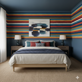 Striped wallpaper in red, blue, and gold tones with a horizontal pattern, complemented by a colorful abstract painting.
