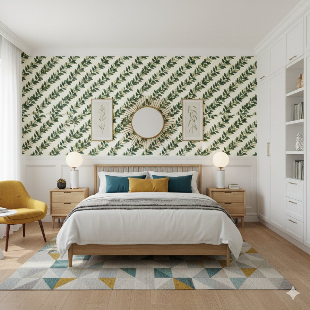 Greenvale Wallpaper with green leaf pattern on a cream background.