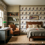 Field March Wallpaper with a soldier pattern on the bedroom wall behind the bed.