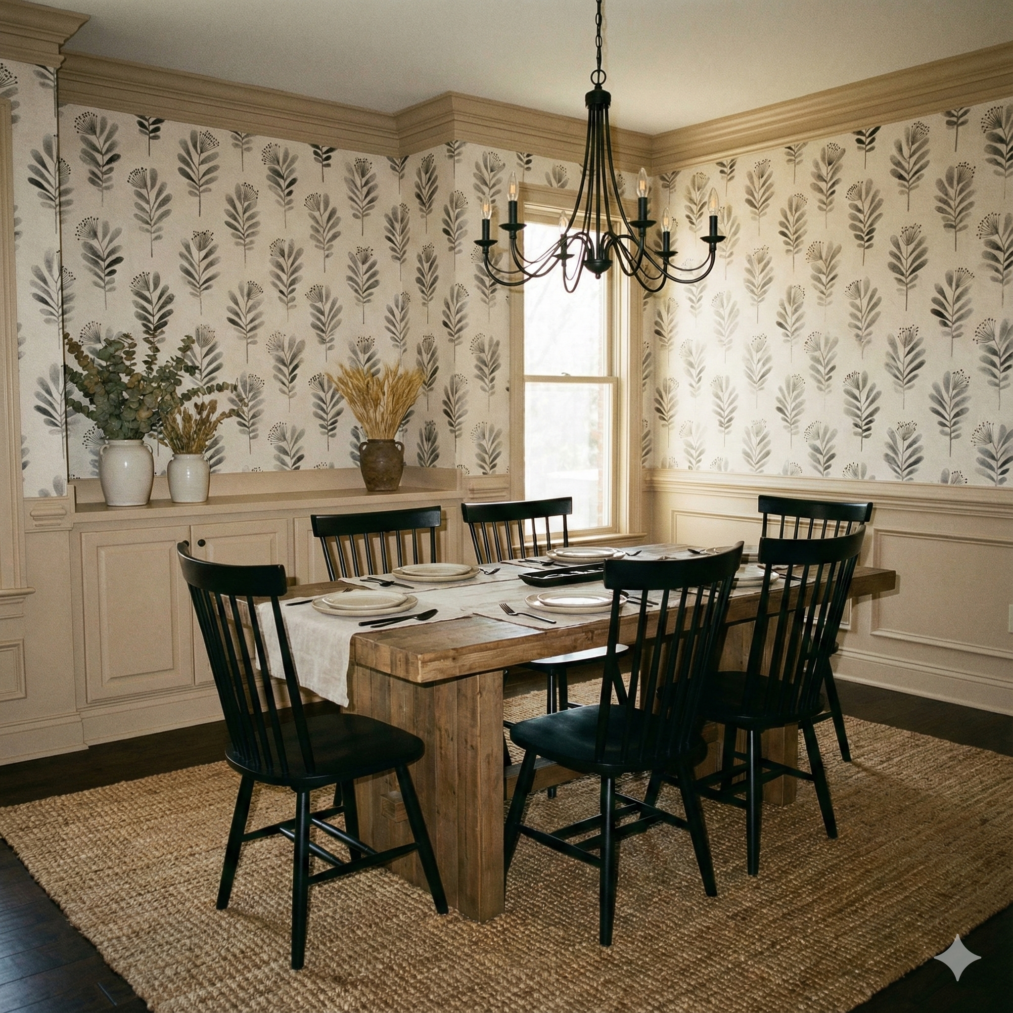 Folia Noir Wallpaper with a black floral pattern on a light background.