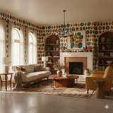 Mesa Shapes Wallpaper with oval and circle pattern in shades of yellow, teal, and brown, covering the walls of a living room.
