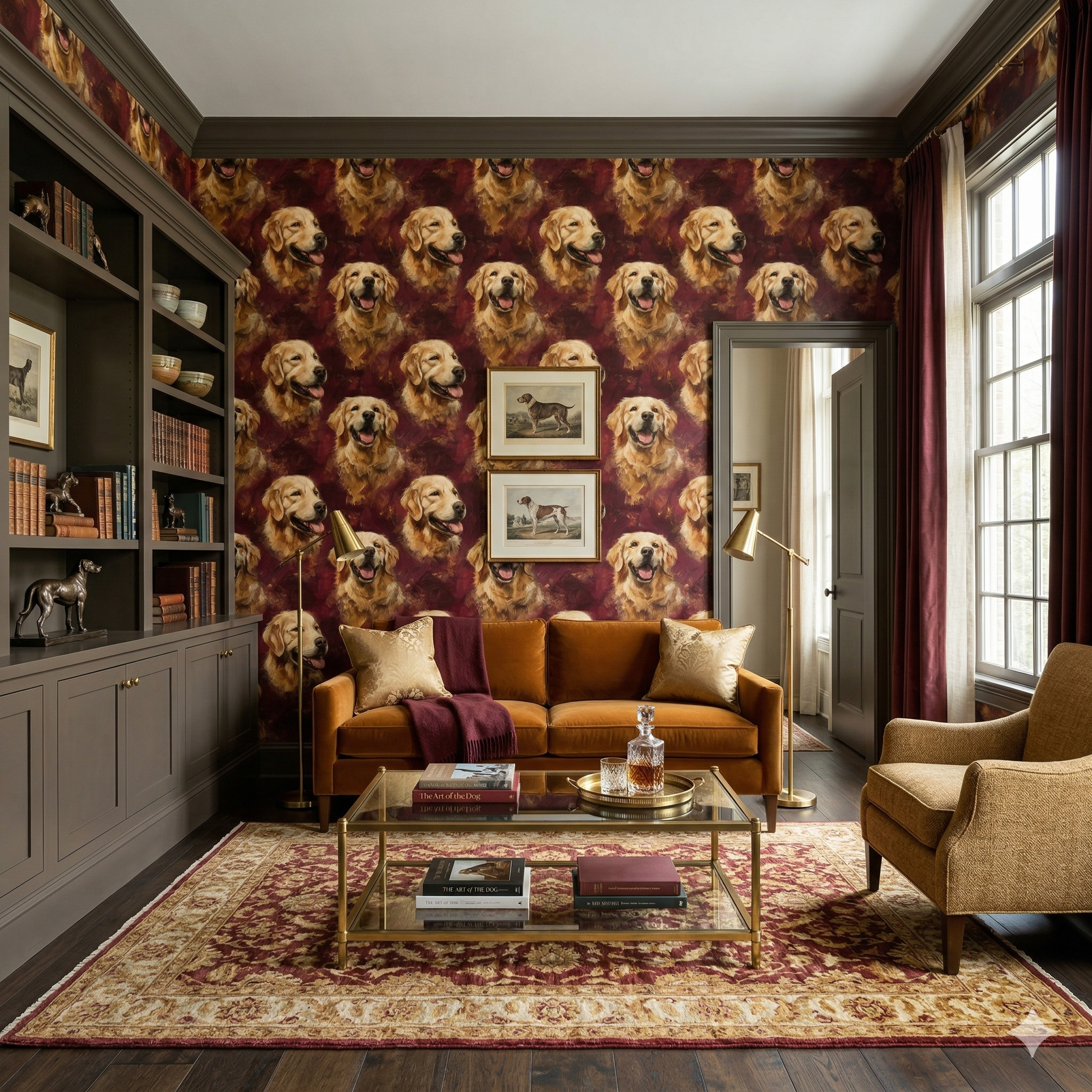 Brindle Reverie Wallpaper with golden retriever dog pattern on a red and brown backdrop.