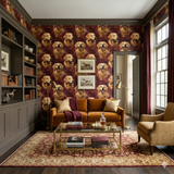 Brindle Reverie Wallpaper with golden retriever dog pattern on a red and brown backdrop.