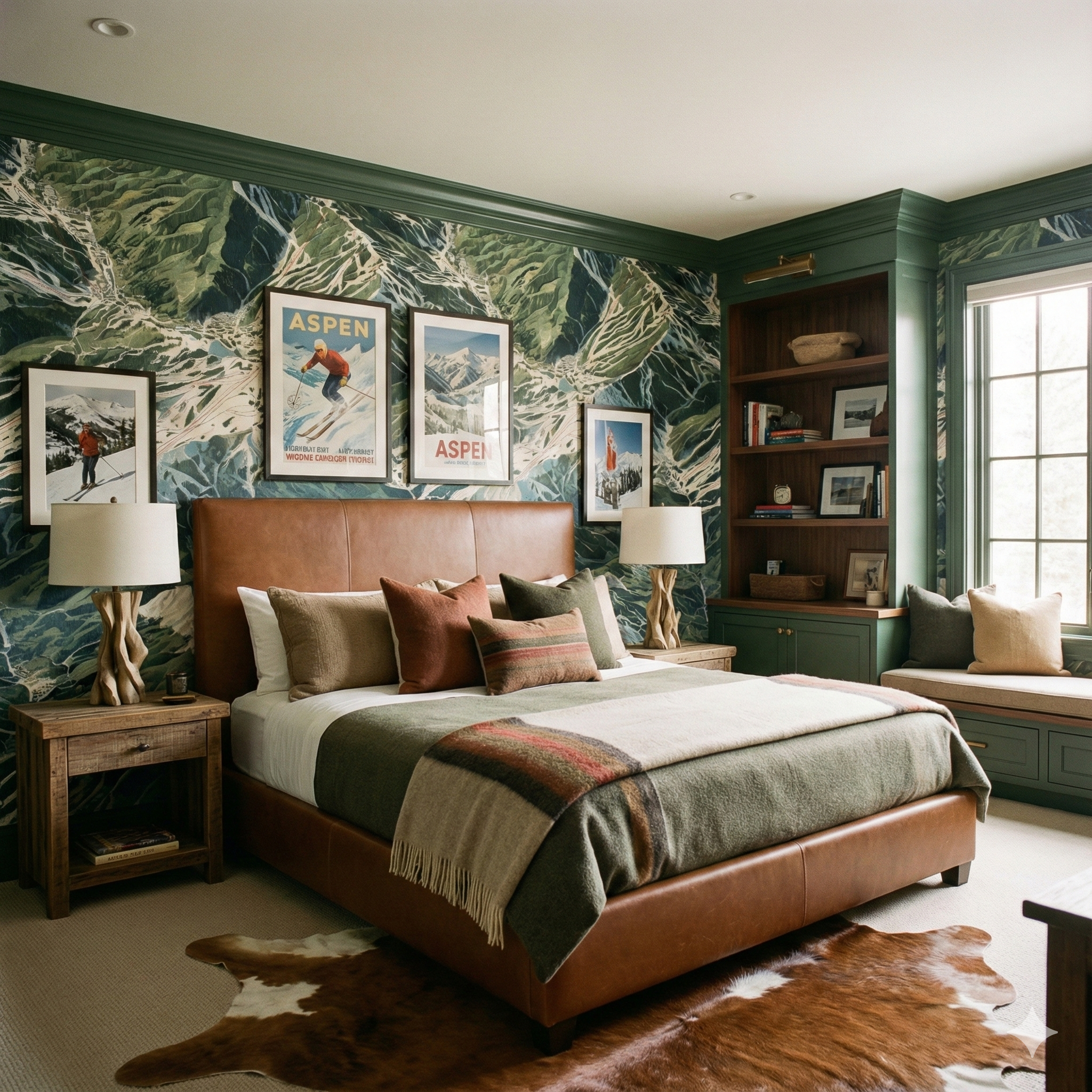 Snowmass Atlas Wallpaper with mountain pattern, decorating bedroom walls with framed Aspen ski posters and leather bed.