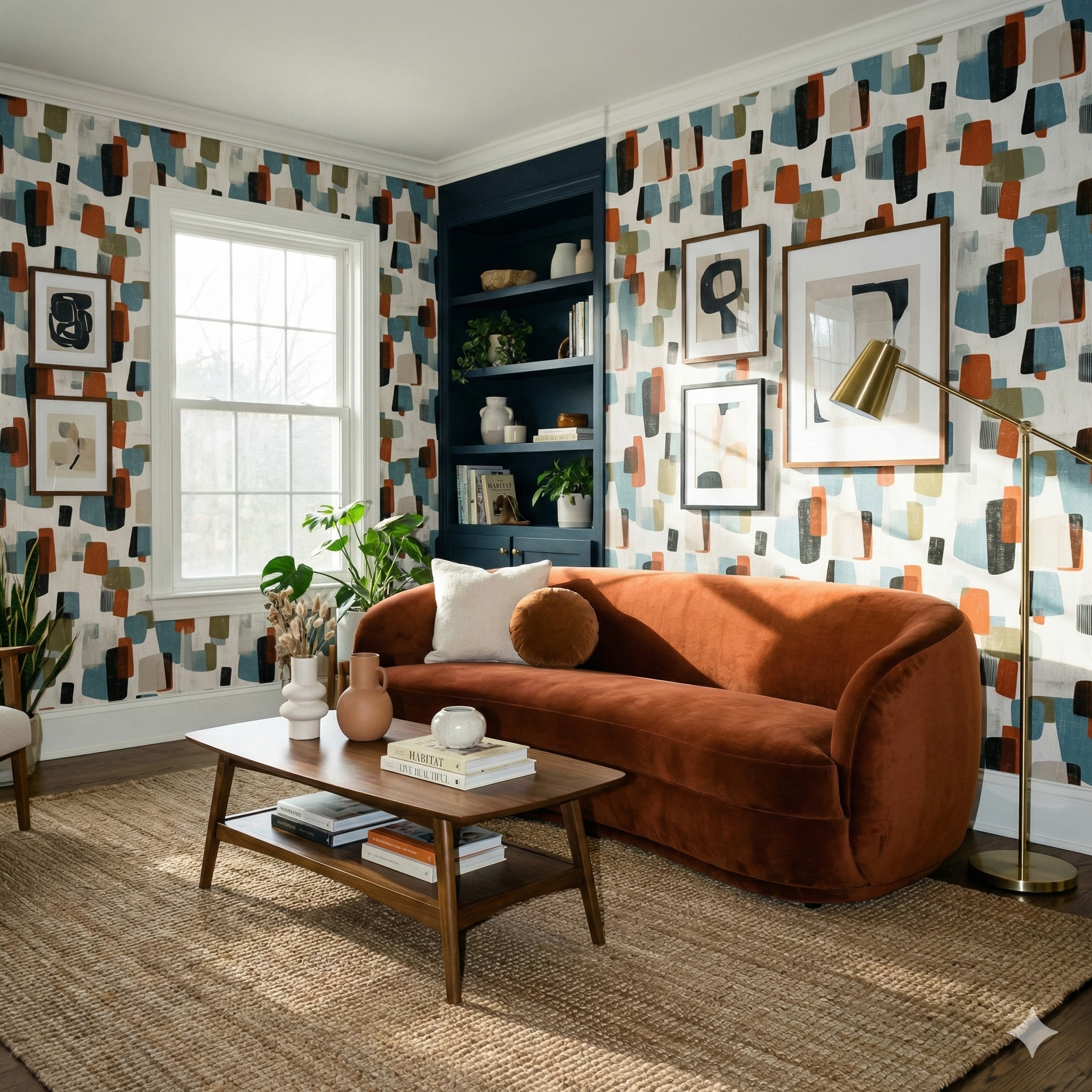 Patterned Midlake Shuffle Wallpaper with abstract shapes and color blocks, covering the wall.
