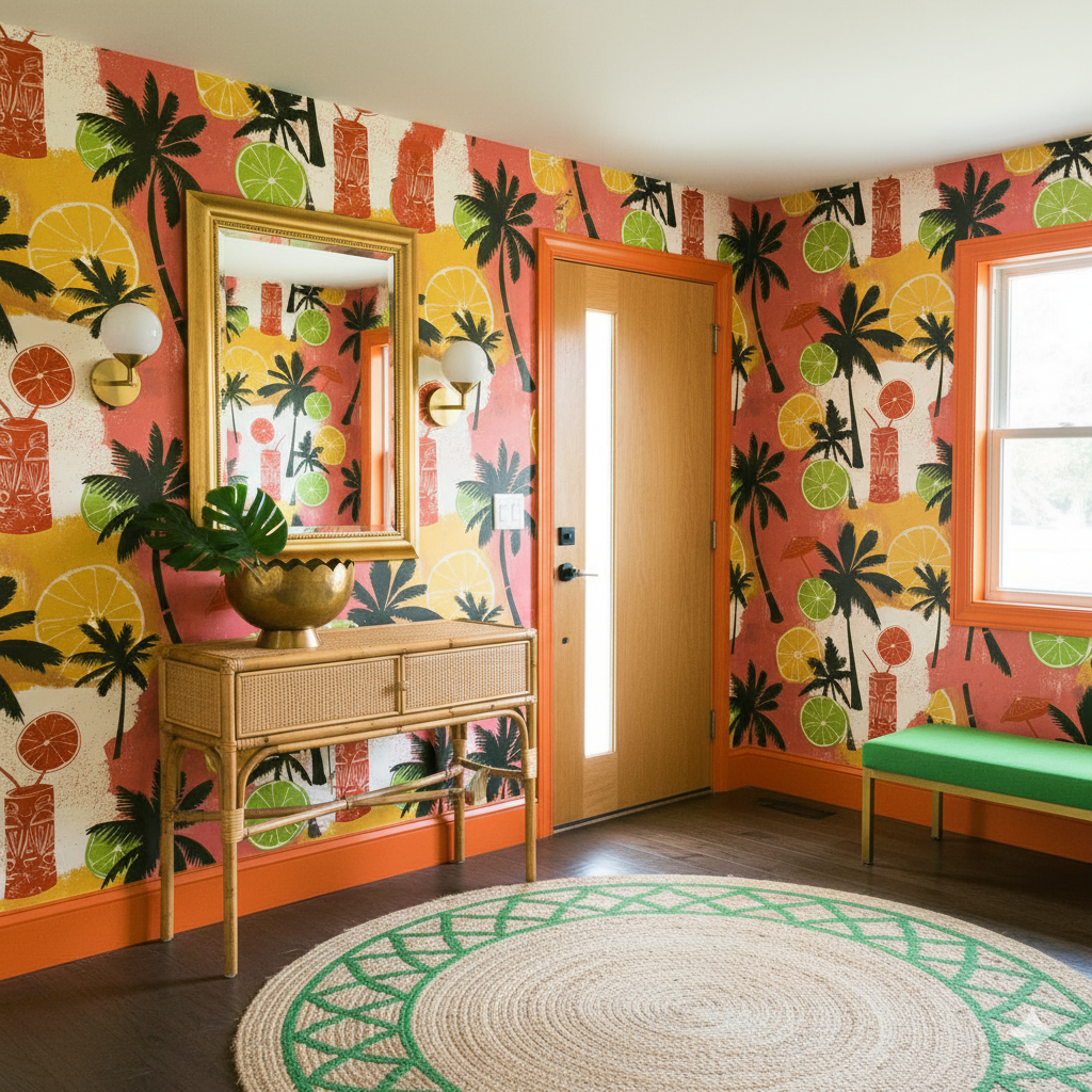 Tropical wallpaper featuring palm trees and citrus fruit patterns.