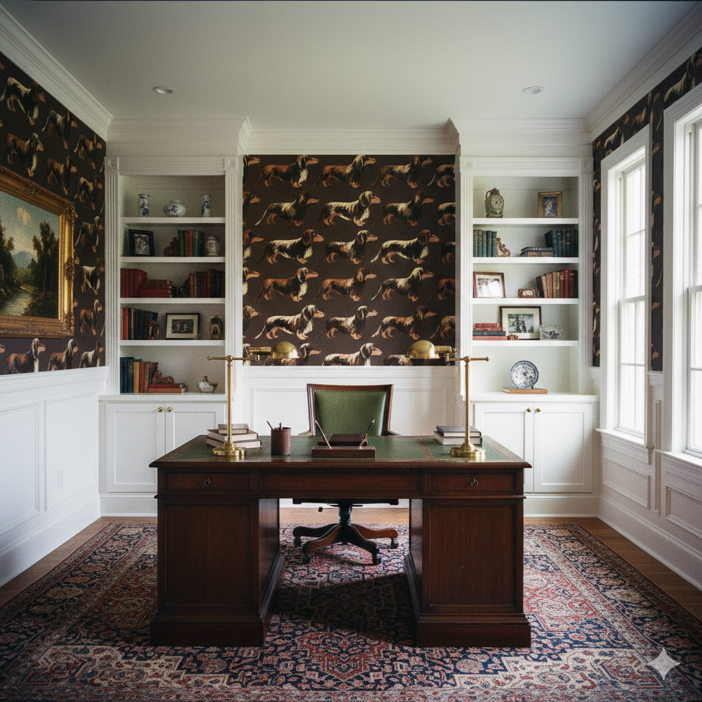 Dog-patterned wallpaper by Brindle & Bourbon with running dachshunds on a brown background, complemented by white trim and bookshelves.