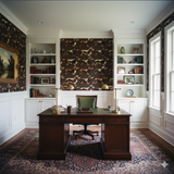Dog-patterned wallpaper by Brindle & Bourbon with running dachshunds on a brown background, complemented by white trim and bookshelves.